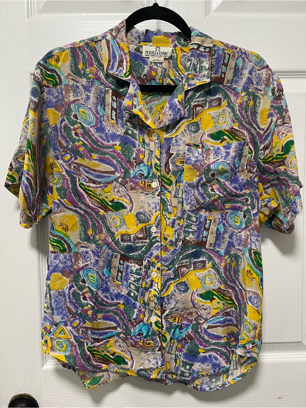Vintage Fiorella Rubino 100% Silk Abstract Print Button Up Blouse 80s 90s